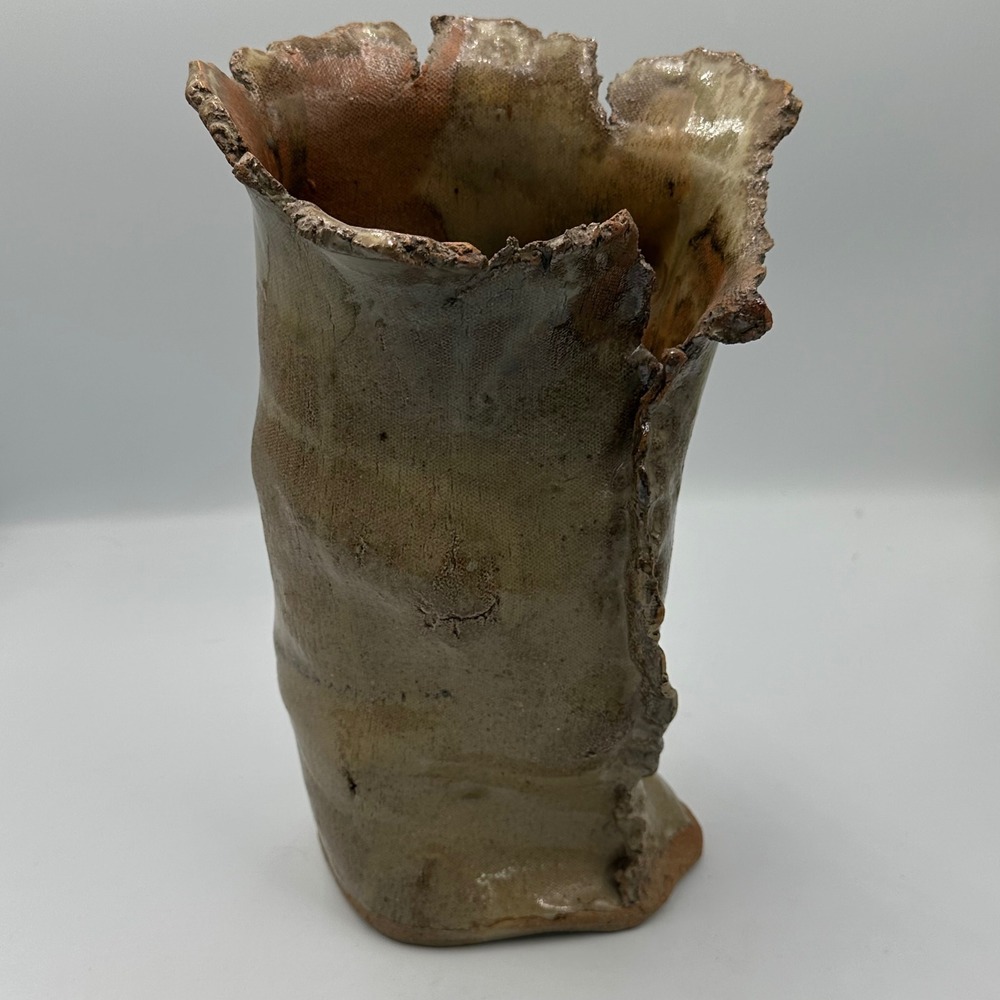 HIL Studio Pottery Vase 1986 Sea Anemone Tan Olive Brutalist Organic Art Vessel
